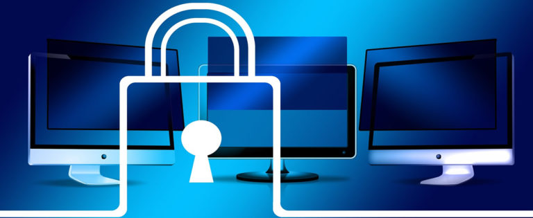 an outline of a padlock on top of computer screens