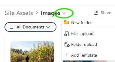 Screenshot of where to find the upload option in its new location in Microsoft SharePoint
